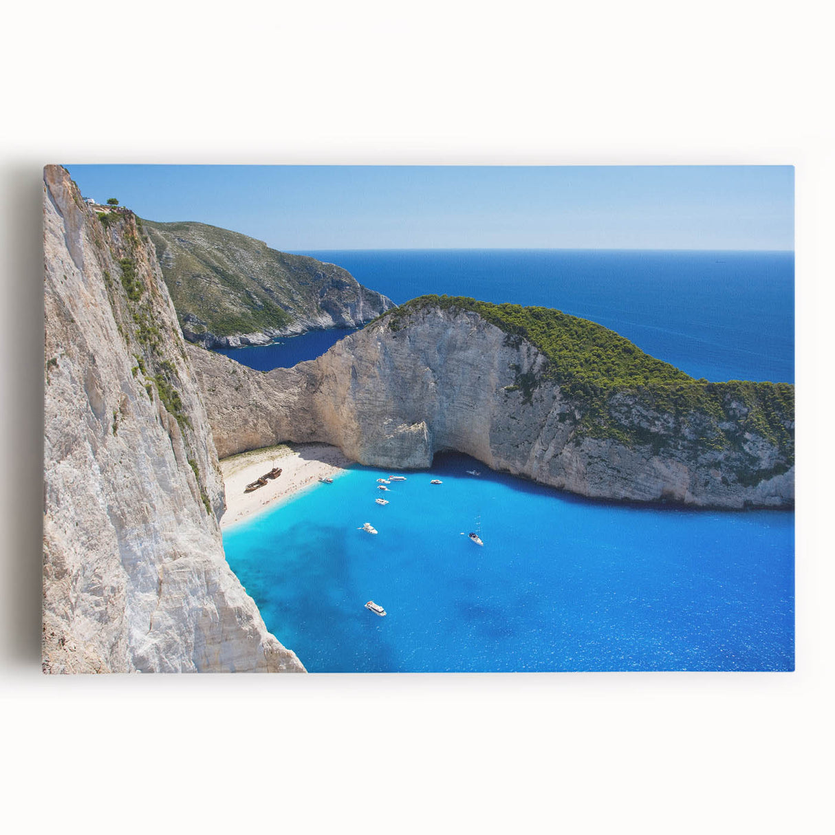 Stretched canvas wall art showcasing a vibrant beach landscape with turquoise waters and golden sands, perfect for adding a serene coastal vibe to any room.