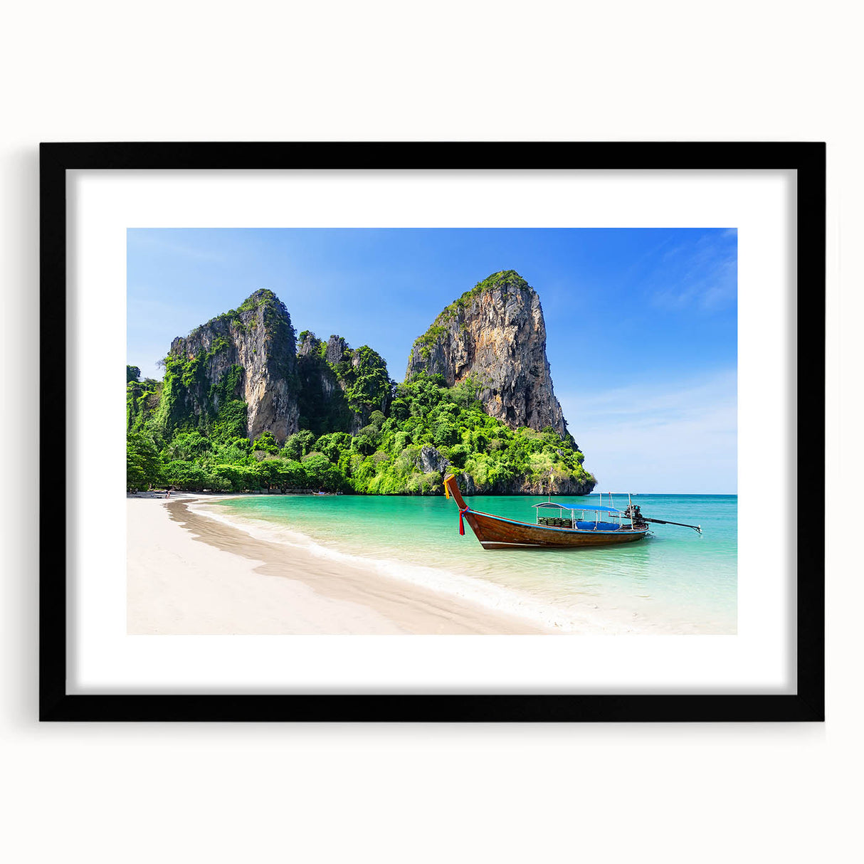 Framed black wall art featuring a scenic beach landscape design, complete with a white mat, showcasing tranquil ocean waves and serene skies, perfect for home decor.