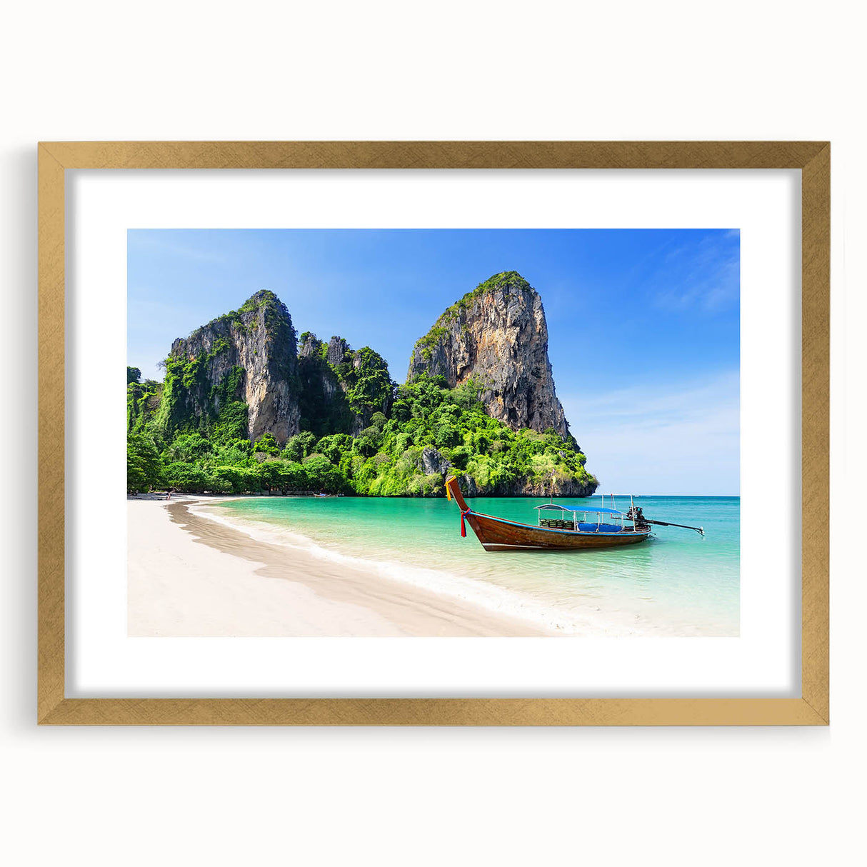 Framed wall art featuring a scenic beach landscape with vibrant colors, set in a gold frame with matting, perfect for home decor and interior design enhancement.