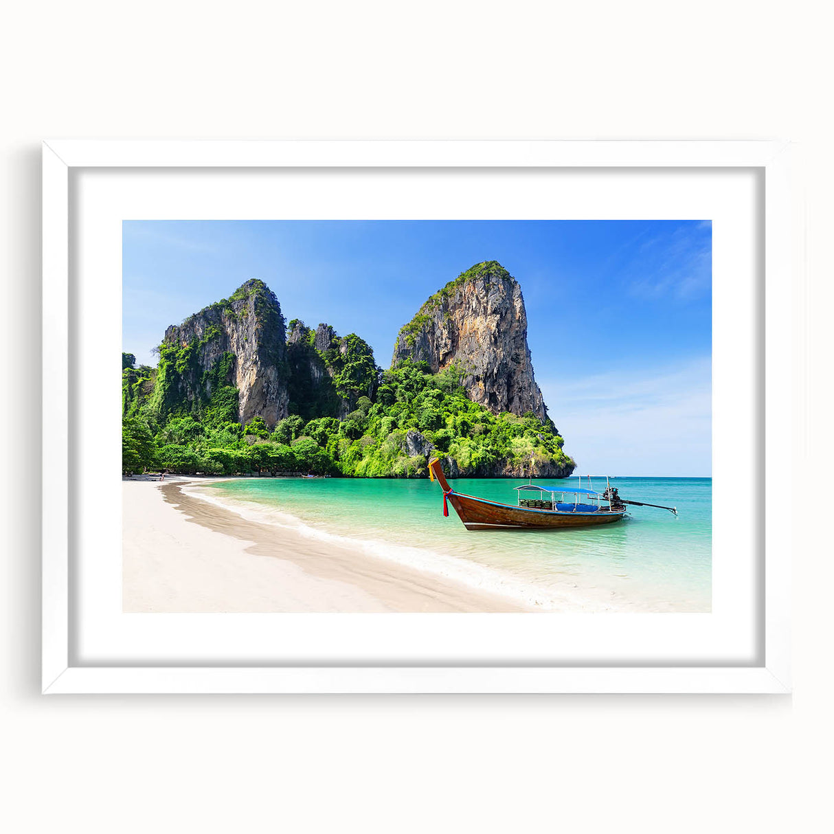 Framed wall art featuring a serene beach landscape design, showcasing calming blues and sandy tones, presented in a sleek white mat and frame, perfect for home decor.