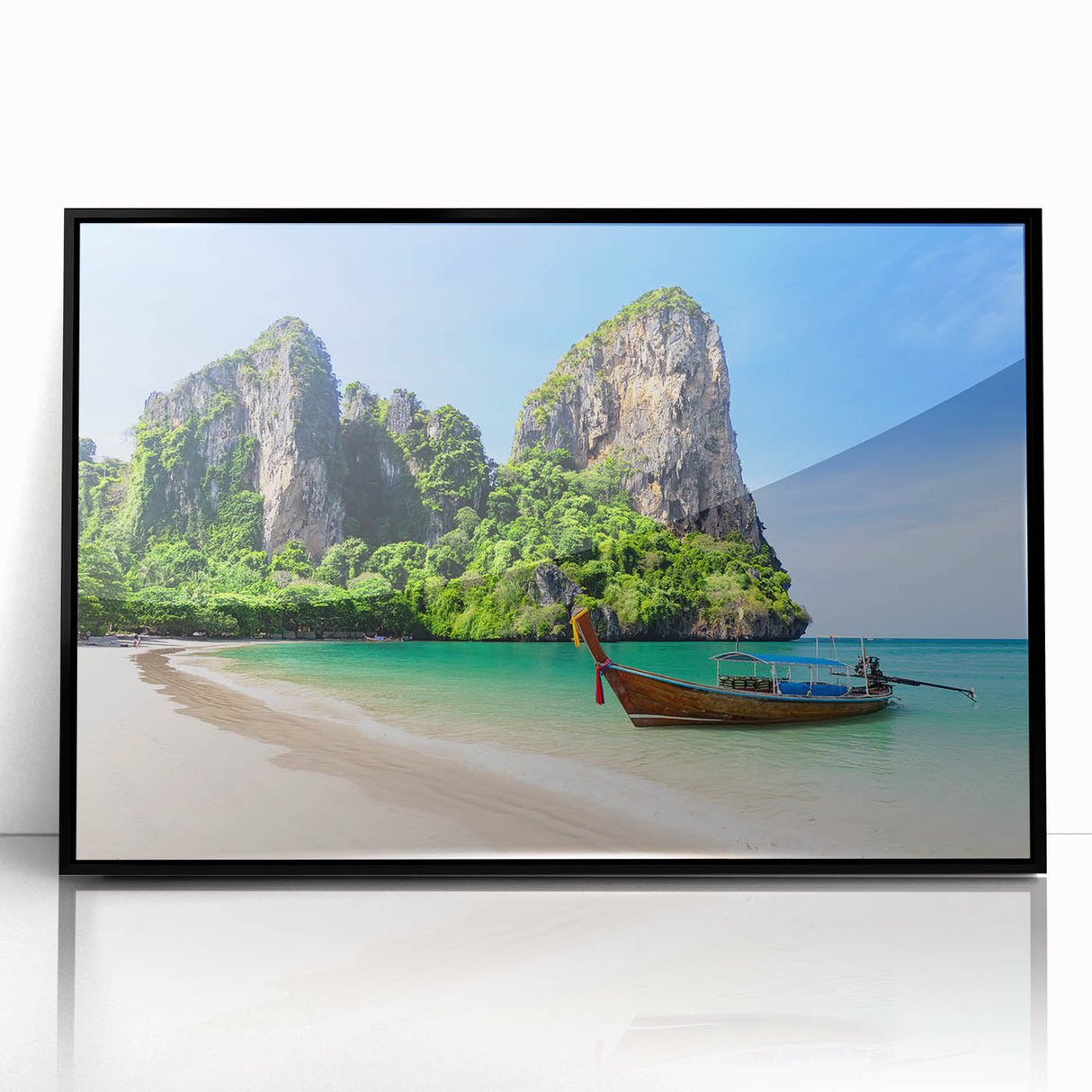 Framed wall art collection showcasing a serene beach landscape design with vibrant colors, set in a sleek black frame, perfect for home decor.