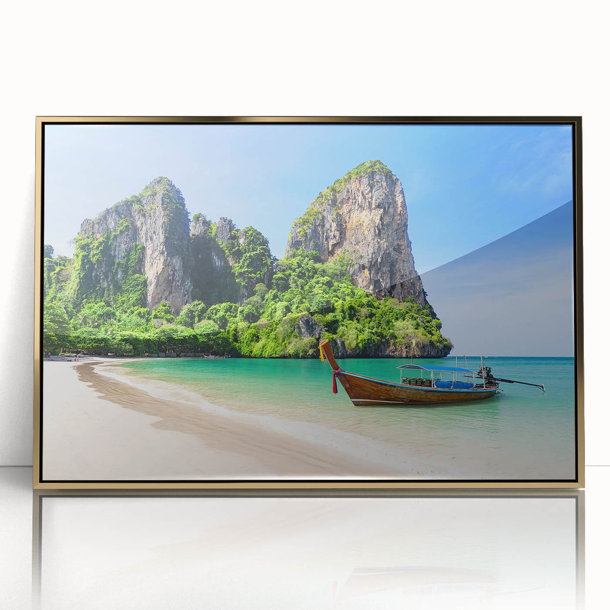 Framed acrylic wall art showcasing a serene beach landscape design, featuring vibrant colors and intricate details, perfect for enhancing home decor.