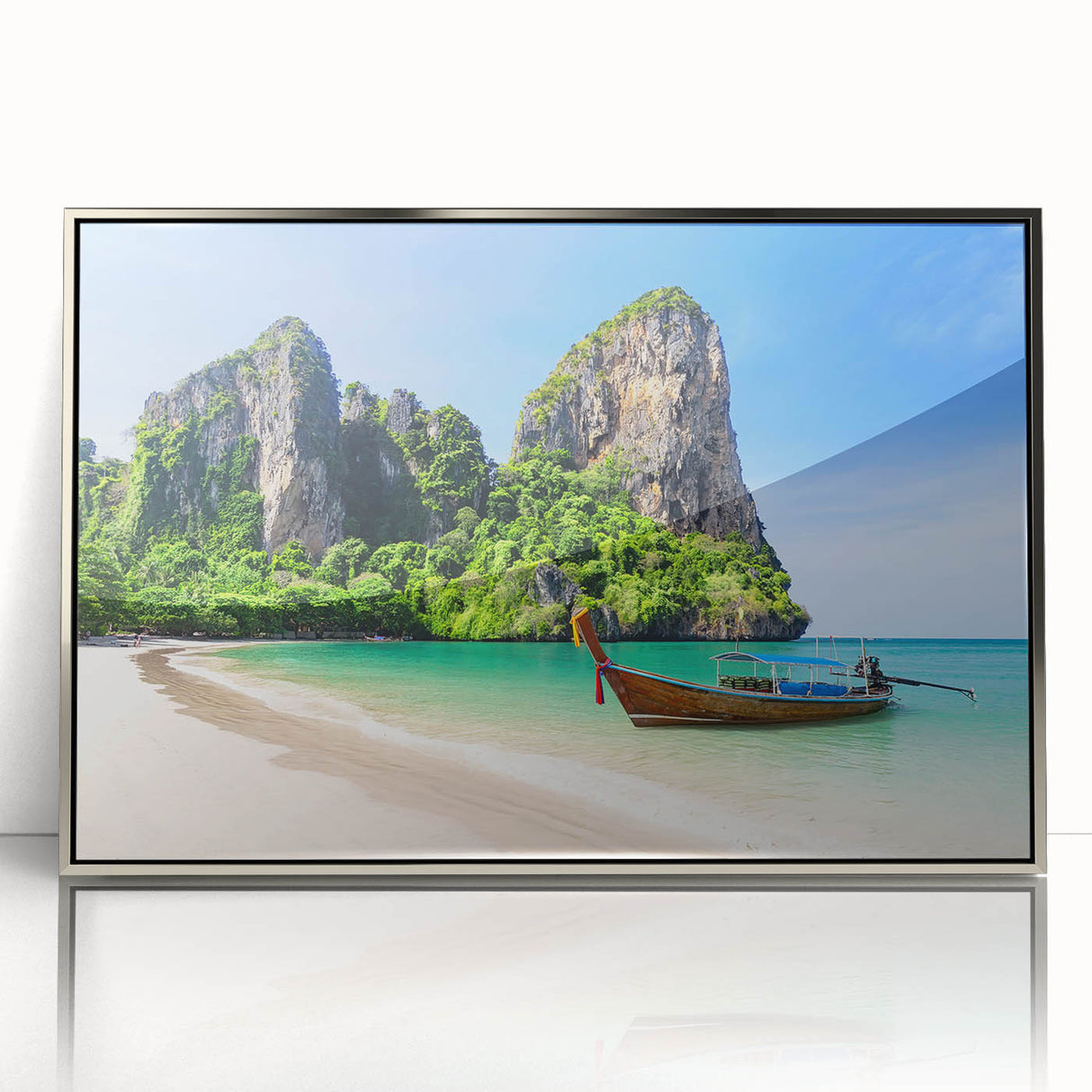 Framed acrylic wall art depicting a serene beach landscape with vibrant colors and intricate details, perfect for home decor and coastal-themed interiors. This artwork adds a calming atmosphere and visual interest to any room.