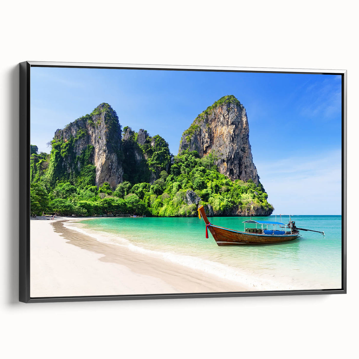 Framed canvas wall art showcasing a serene beach landscape with vibrant colors, displayed from a black side view, perfect for home decor enhancement.