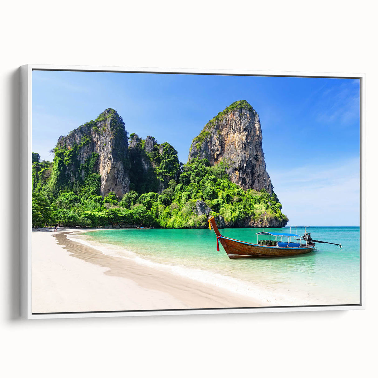 Framed canvas wall art depicting a serene beach landscape with vibrant colors and intricate details, showcasing a white frame and side view perspective. Ideal for coastal-themed decor.