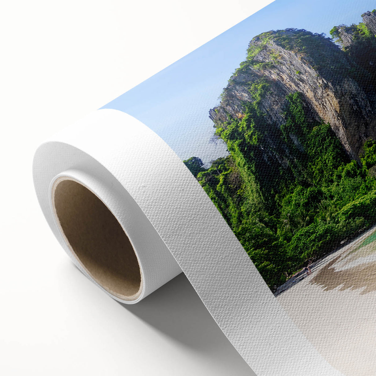 Vibrant rolled canvas wall art showcasing a serene beach landscape with soft waves and a pastel sunset, perfect for home decor and relaxation.