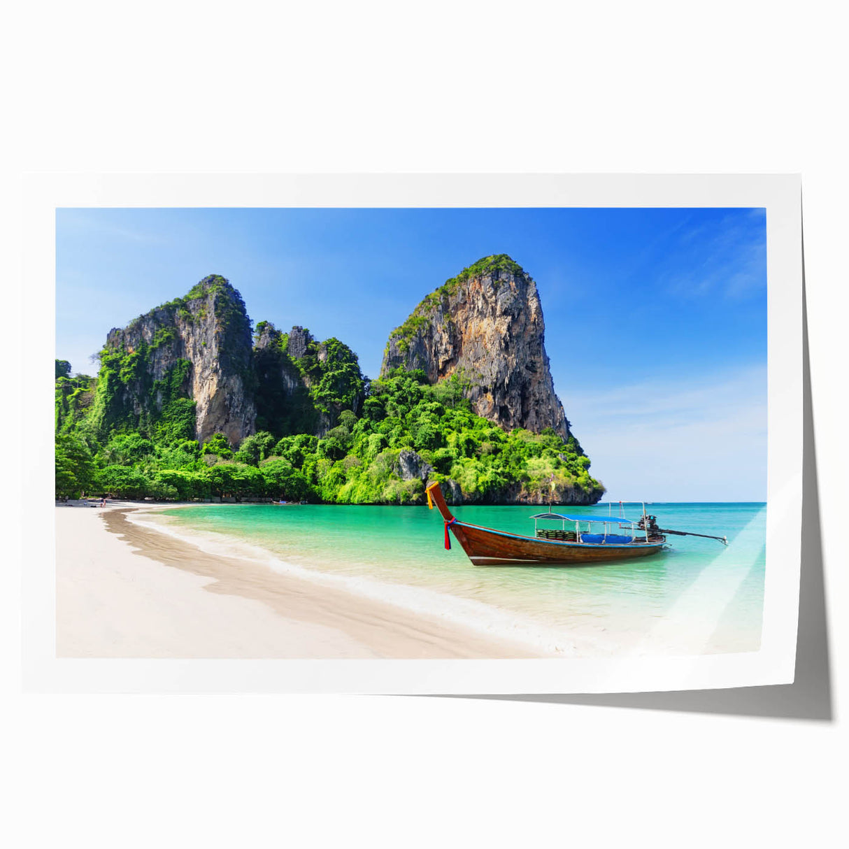 Colorful beach wall art print showcasing a serene coastal landscape with palm trees and waves, rolled and ready for display in a stylish home decor setting.