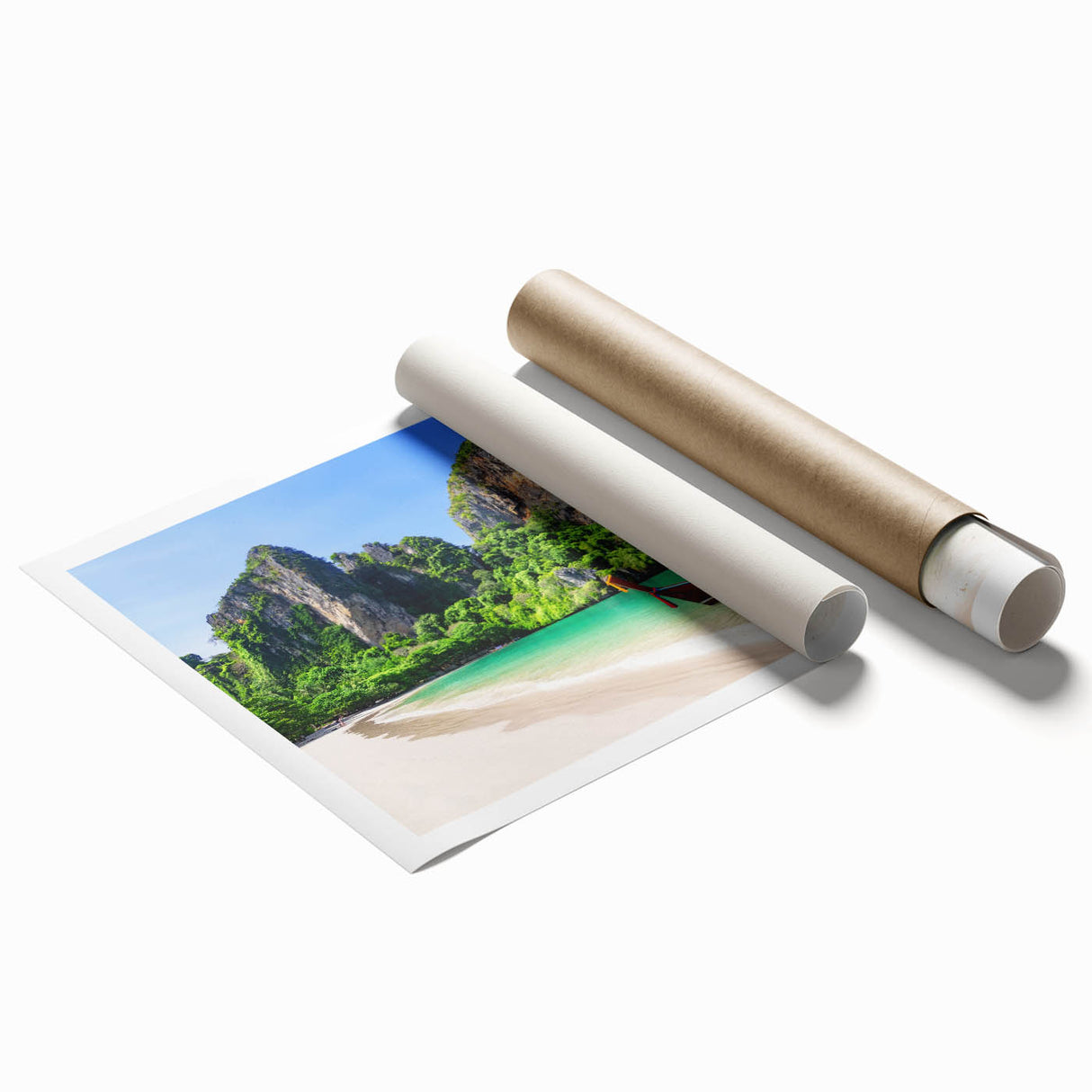 Rolled print of a serene beach landscape featuring soft pastel colors and gentle waves, ideal for home decor, showcasing a tranquil seaside atmosphere.