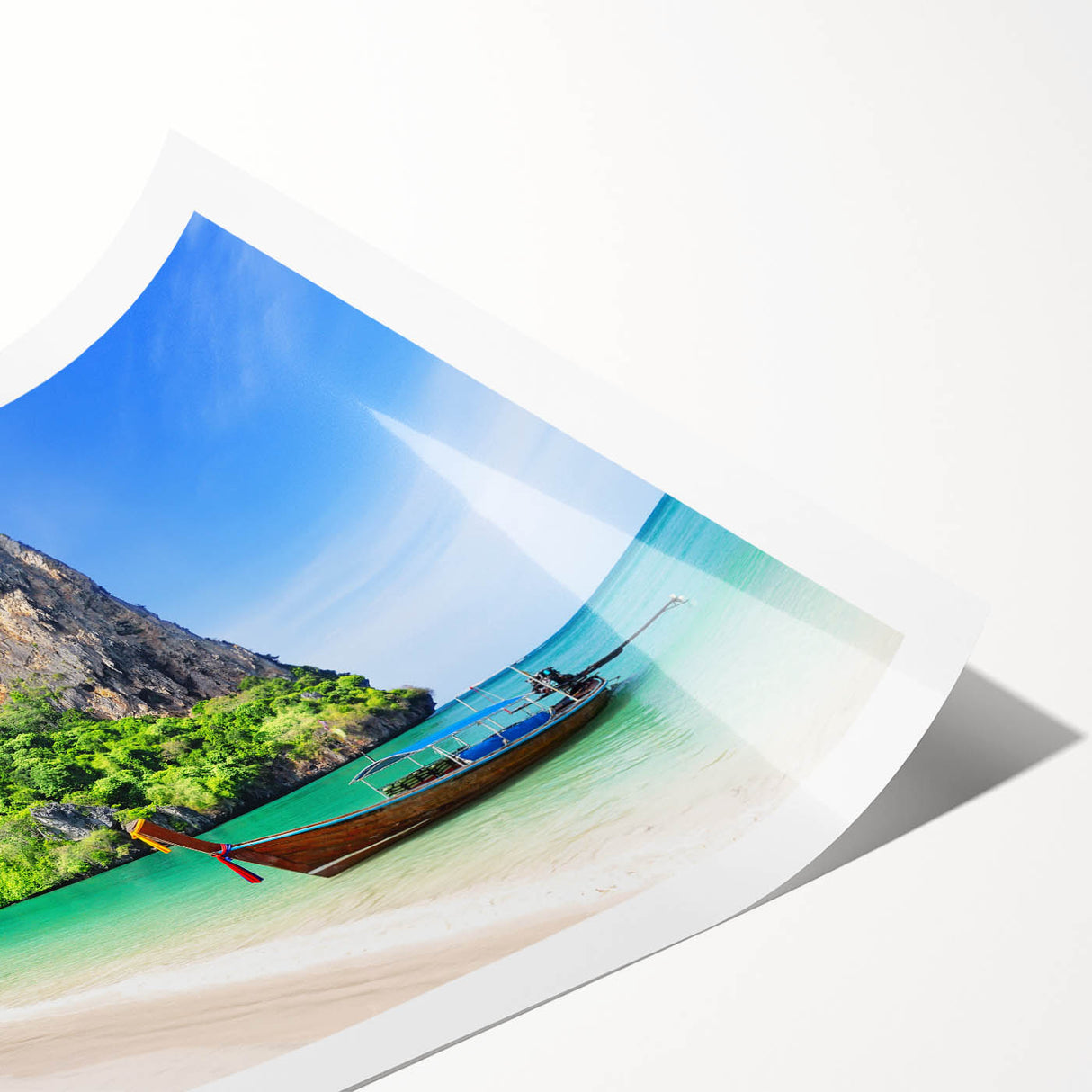 Rolled print of a vibrant beach landscape wall art design featuring soft pastel colors and serene ocean views, ideal for home decor and relaxation themes.