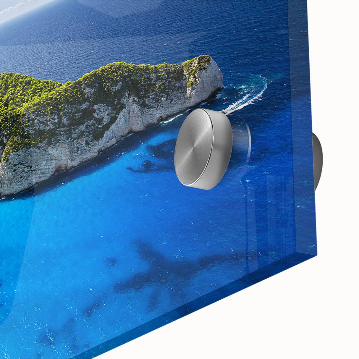 Close-up of a vibrant acrylic glass wall art piece depicting a serene beach landscape, showcasing vivid colors and intricate details, perfect for home decor.