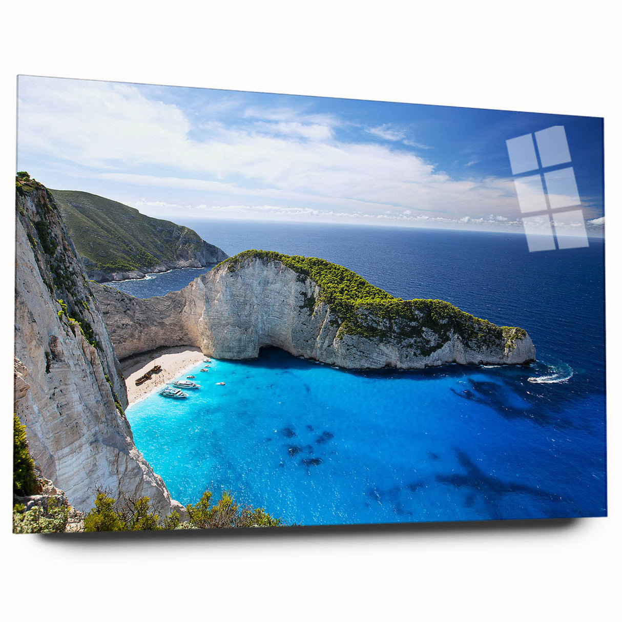 Acrylic glass wall art collection showcasing vibrant beach landscapes, elegantly displayed from a side view, highlighting the rich colors and intricate designs. Perfect for enhancing home decor.