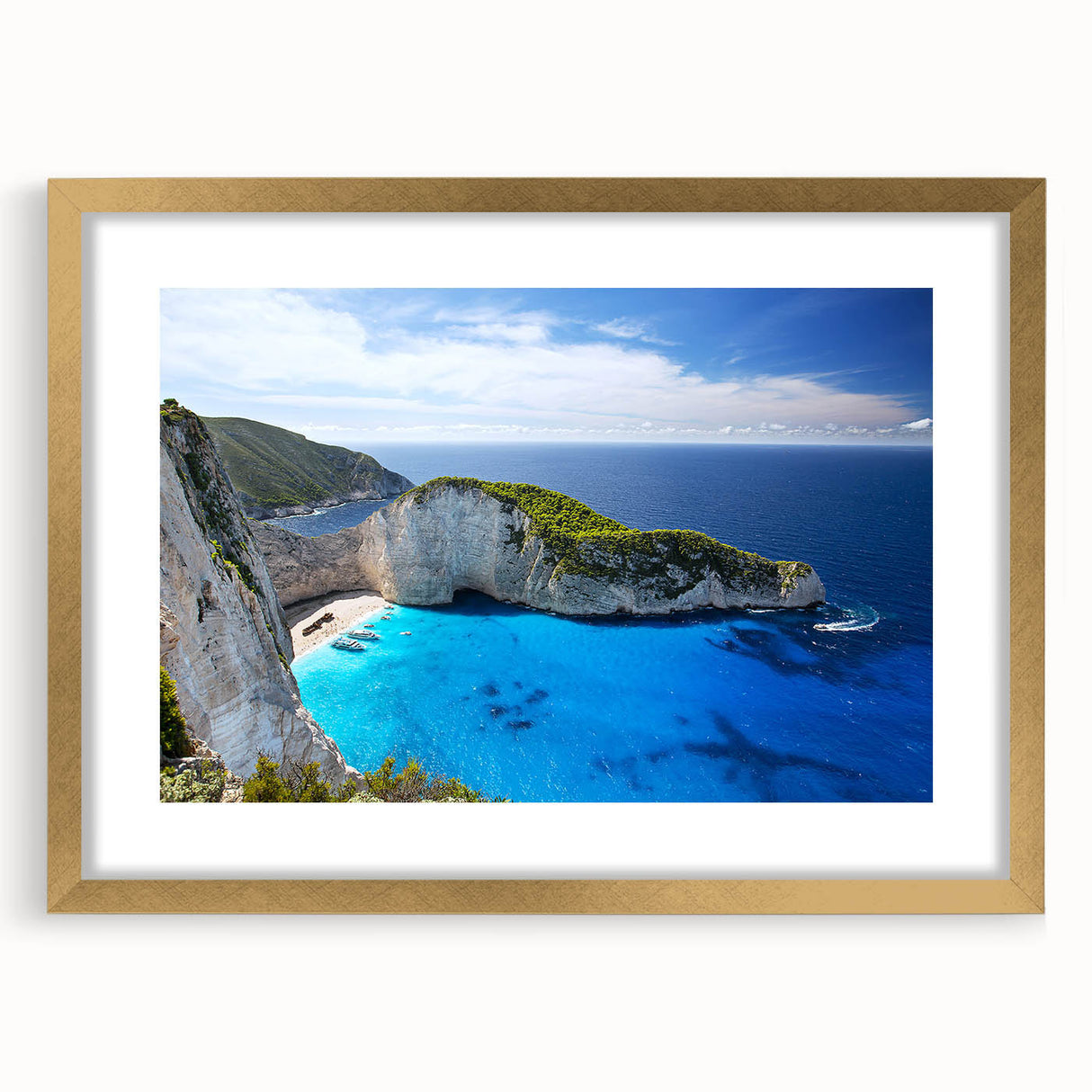 Elegant gold-framed wall art showcasing a beach landscape design, featuring vibrant colors and intricate details, perfect for enhancing home decor aesthetics.