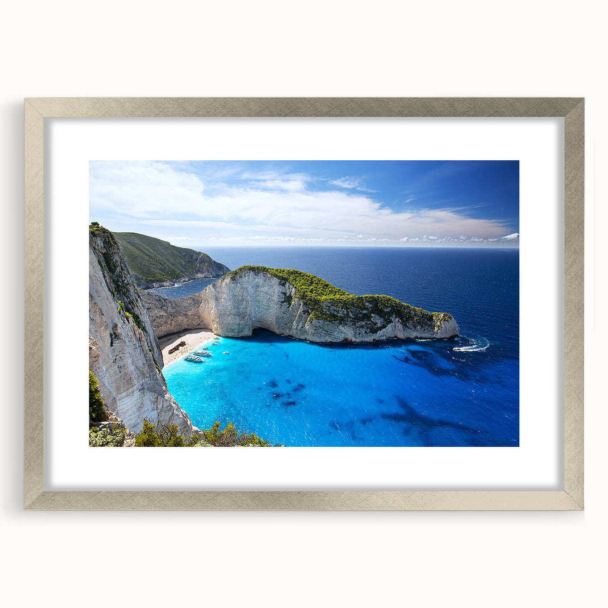 Framed wall art featuring a stunning beach landscape design with a silver mat, ideal for home decor, adding a serene coastal vibe to any room.