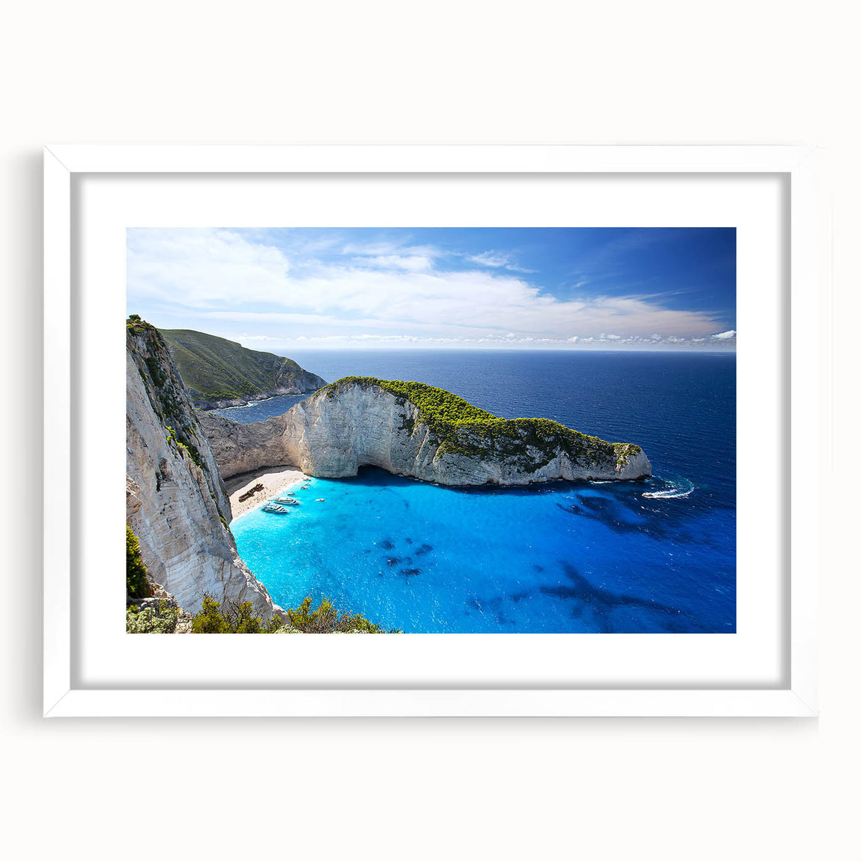Framed wall art featuring a serene beach landscape design, presented in a white mat and frame, ideal for enhancing home decor with coastal charm.