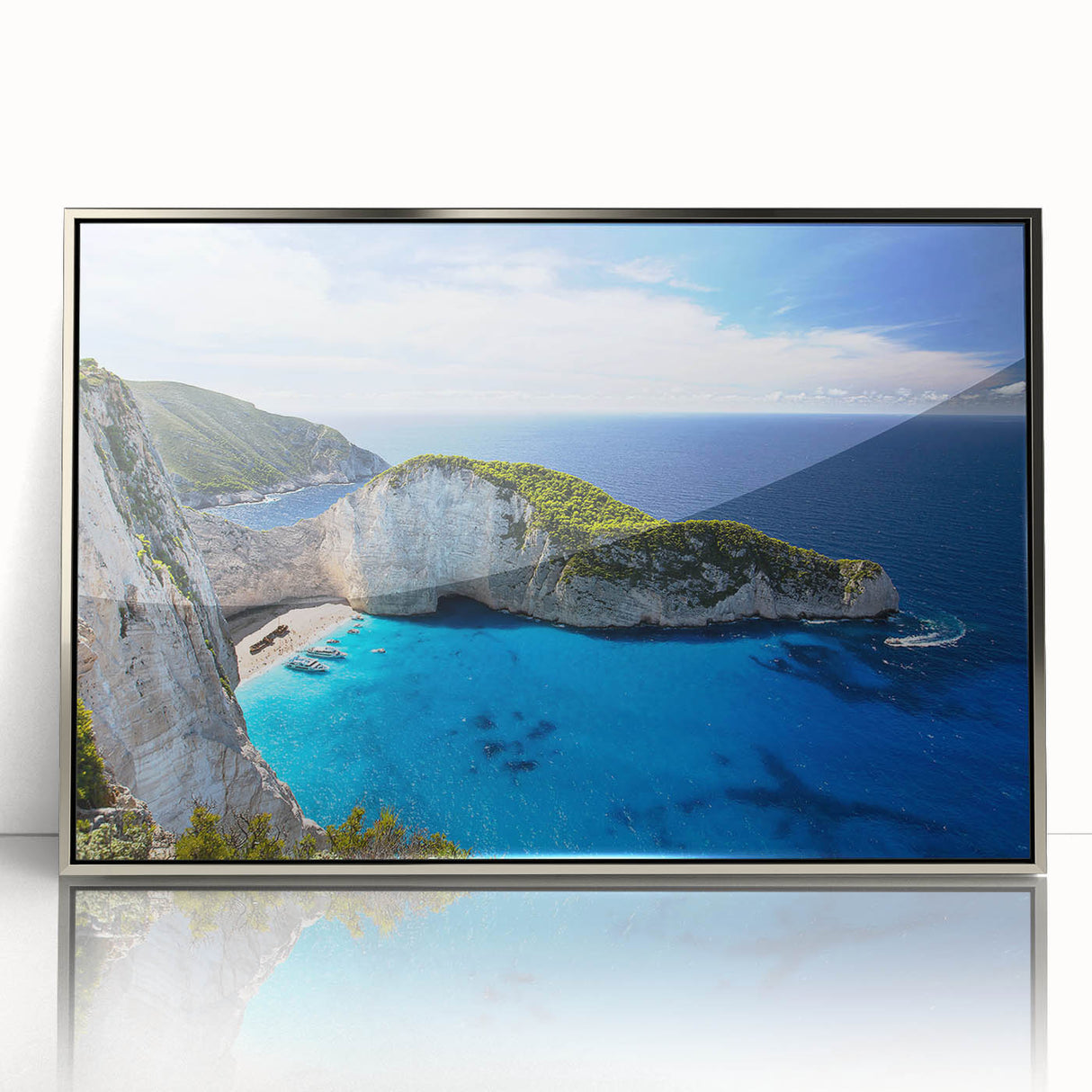 Framed wall art collection showcasing a vibrant beach landscape design, featuring acrylic finish and silver frame, perfect for coastal home decor.