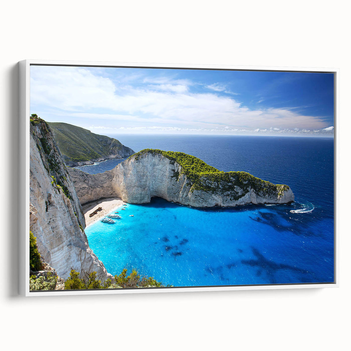 Framed canvas wall art showcasing a stunning beach landscape design with vibrant colors and intricate details, displayed from a white side view. Ideal for adding a serene coastal touch to home décor.