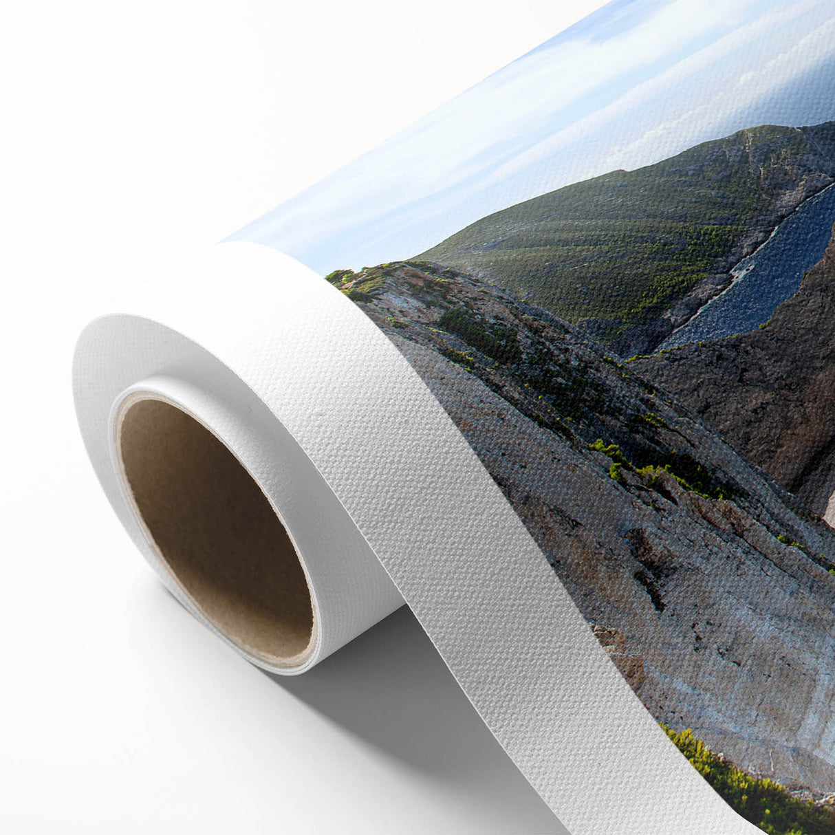 Vibrant rolled canvas artwork showcasing a serene beach landscape, perfect for home decor. The design features soft ocean hues and a tranquil sunset, ideal for coastal themes.