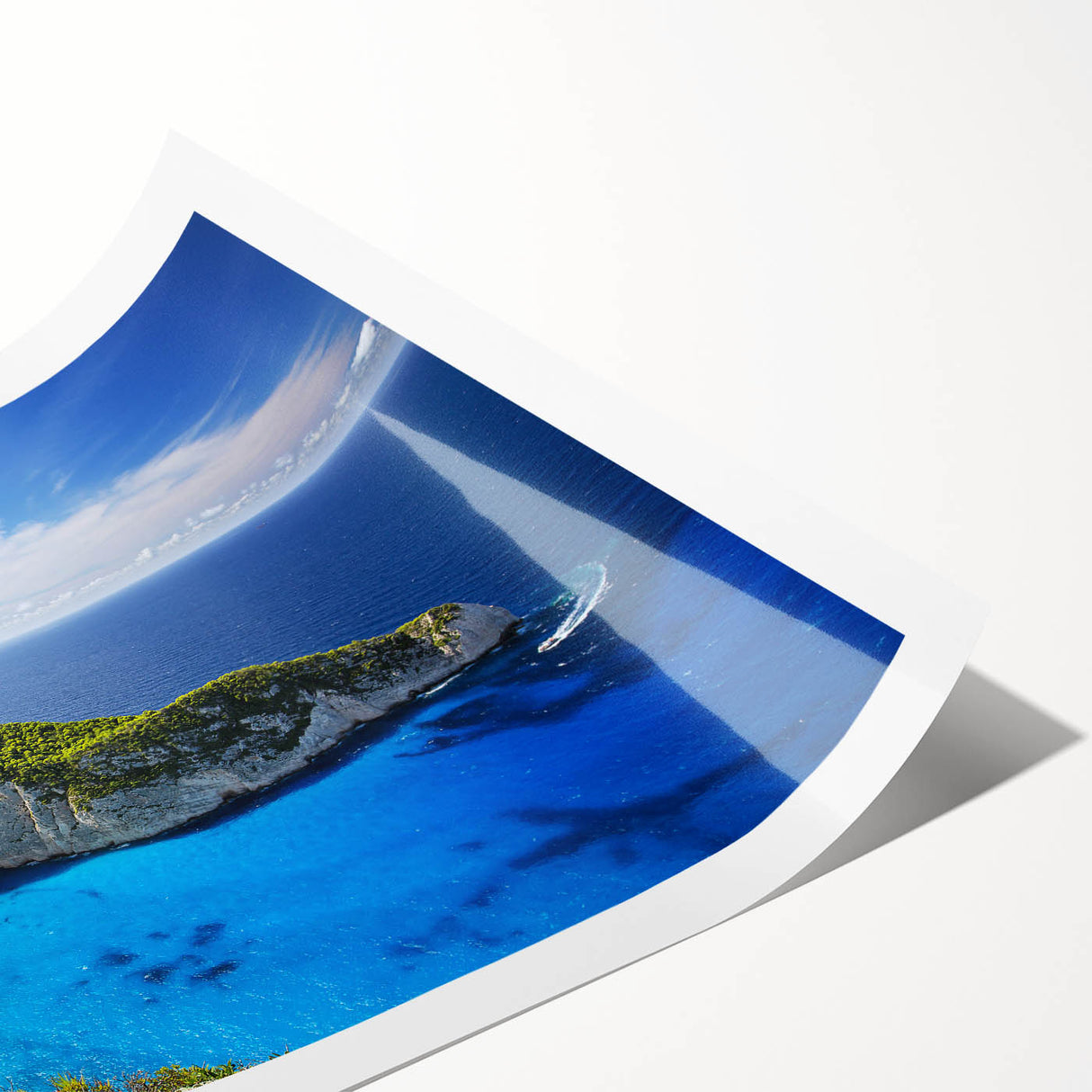 Stunning rolled print showcasing a vibrant beach landscape design, featuring vivid blues and sandy hues, perfect for home decor in coastal themes.