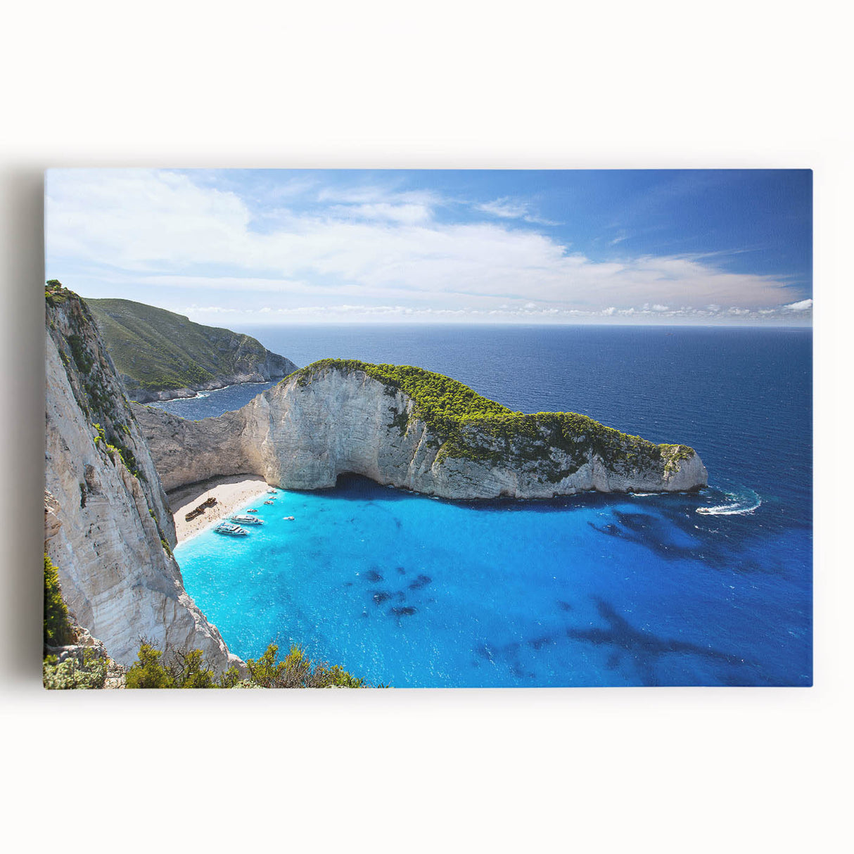 Stretched canvas artwork showcasing a vibrant beach landscape design, featuring golden sands and azure waters, perfect for enhancing any living space decor.