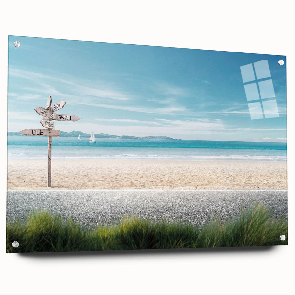 Acrylic glass wall art featuring a side view of a beach landscape design, showcasing vibrant colors and intricate details, perfect for modern home decor.