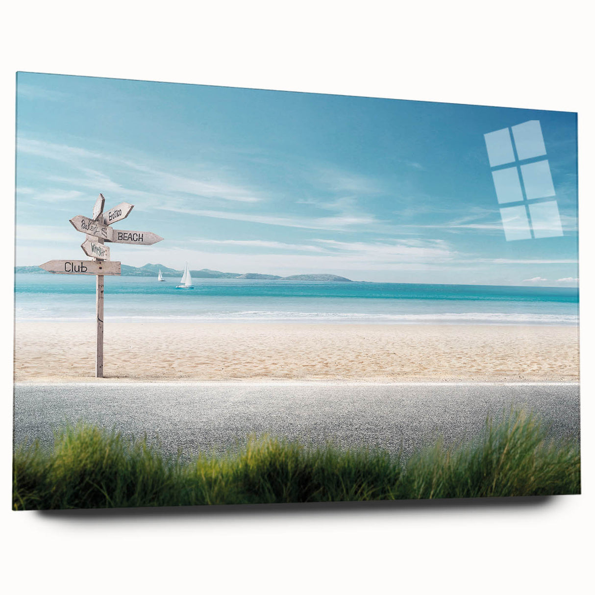 Acrylic glass wall art showcasing a serene beach landscape with vibrant colors and intricate details, designed to enhance modern home decor aesthetics.
