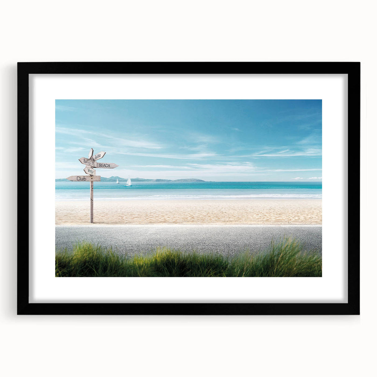 Framed wall art collection showcasing a serene beach landscape with vibrant colors, featuring a sleek black mat and frame, ideal for coastal-themed decor.