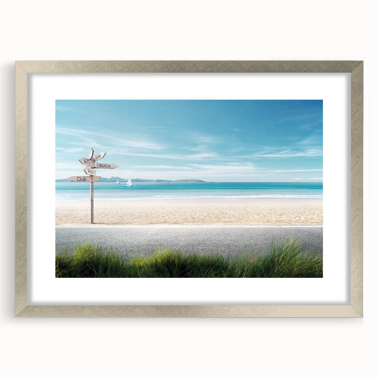 Framed landscape beach wall art collection with a silver mat, showcasing vibrant coastal scenery. Ideal for enhancing home decor with a calming ocean view.