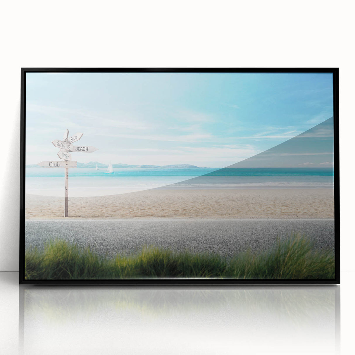 Framed wall art showcasing a serene beach landscape design with vibrant colors, featuring a black frame that enhances the artwork's appeal, ideal for home decor.