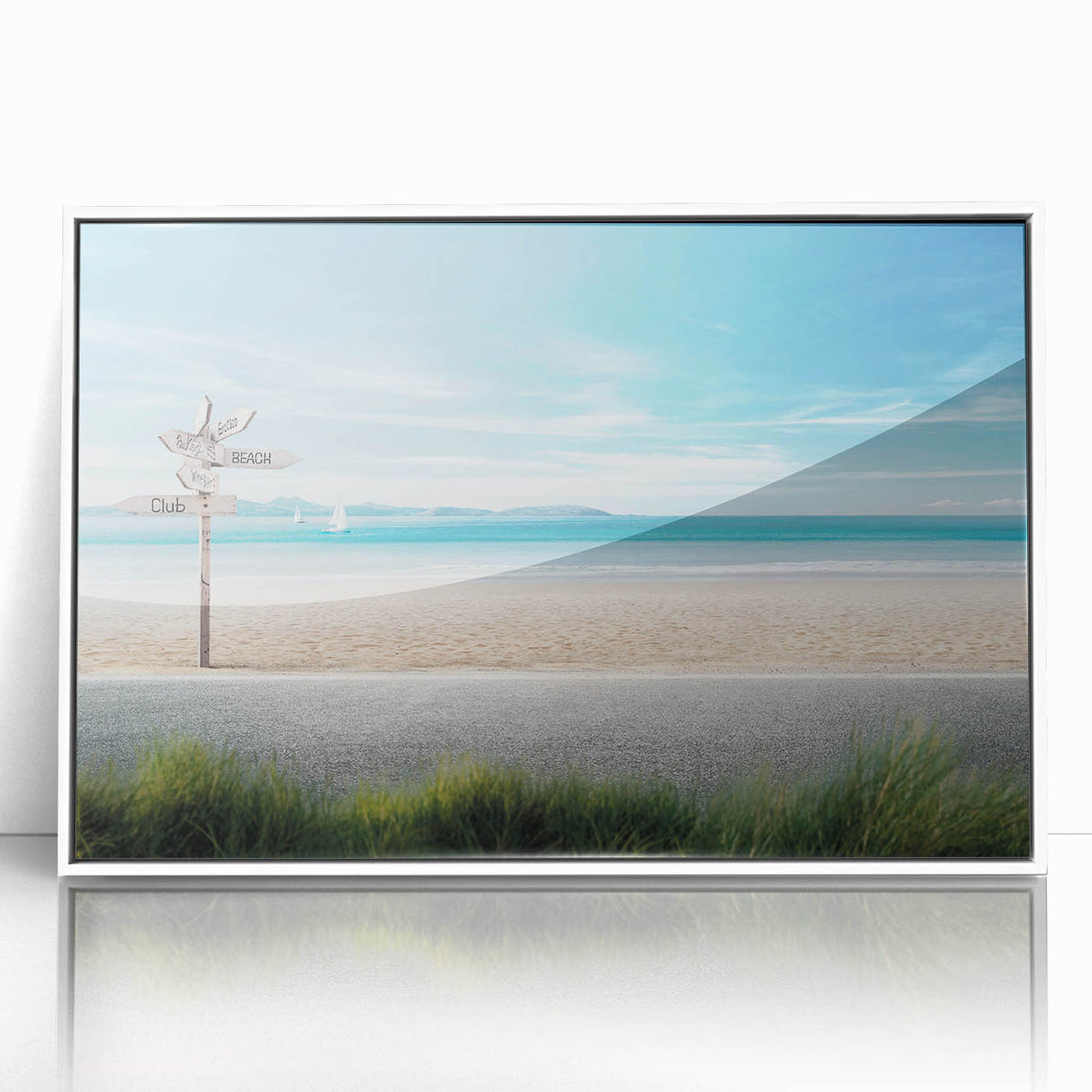 Framed wall art collection showcasing a serene beach landscape with vibrant colors, set in a sleek white frame, ideal for modern home décor and coastal themes.