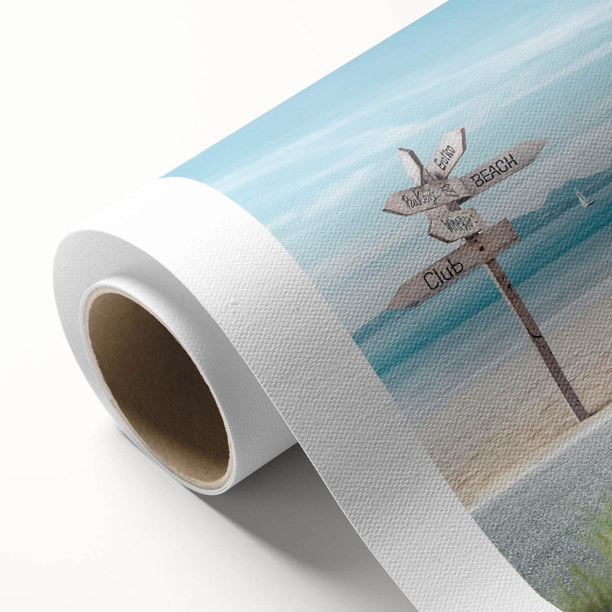 Rolled canvas artwork showcasing a serene beach landscape with soft pastel colors, ideal for home decor. Comes in a protective cardboard tube for easy transport.