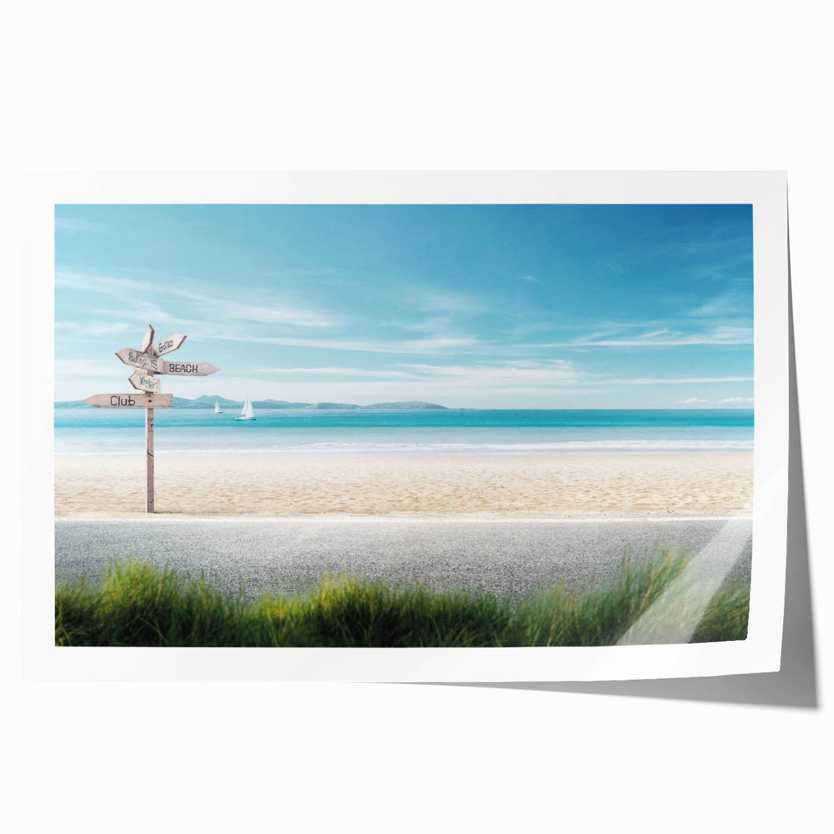 Vibrant rolled print of a serene beach landscape with turquoise waters and soft sand, perfect for home decor or art collection. Ideal for enhancing coastal-themed interiors.