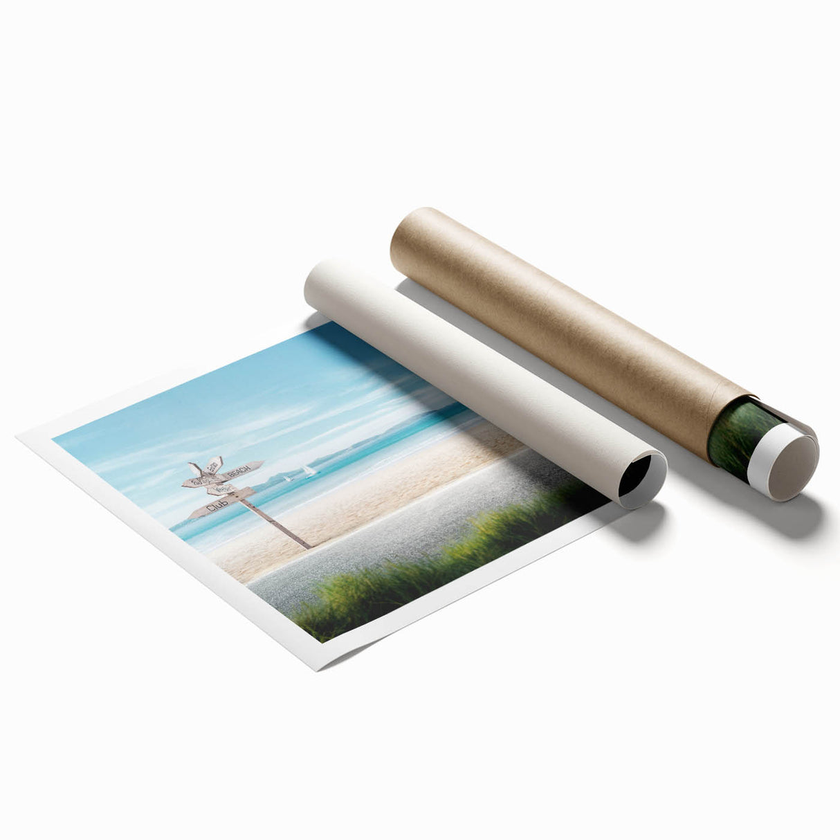 Vibrant rolled print of a serene beach landscape, showcasing soft waves and golden sand under a clear blue sky, ideal for coastal home decor.