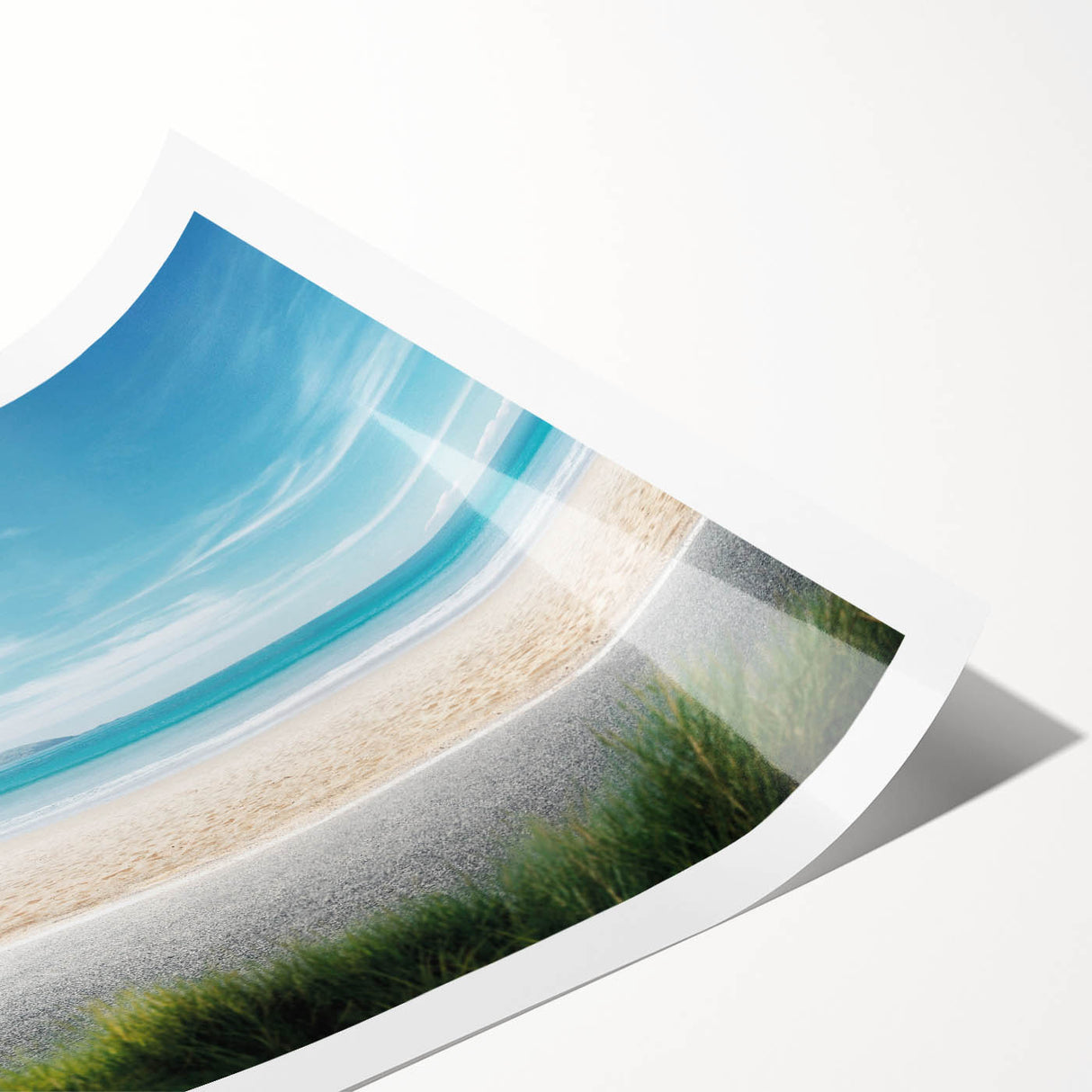 Vibrant rolled wall art print showcasing a serene beach landscape with vivid colors and fine details, perfect for adding a coastal touch to any decor.