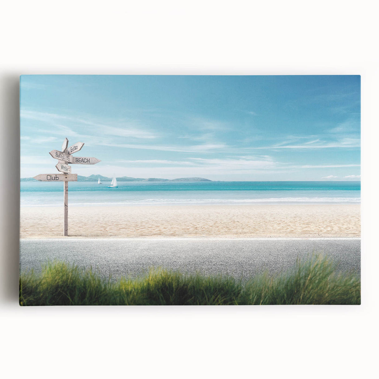 Vibrant stretched canvas wall art depicting a serene beach landscape with soft waves and a pastel sunset, perfect for coastal-themed decor.