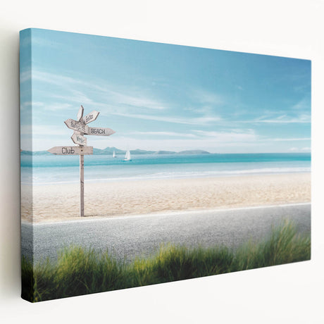 Stretched canvas artwork showcasing a serene beach landscape with vibrant colors and soft waves, perfect for home decor or coastal-themed spaces.