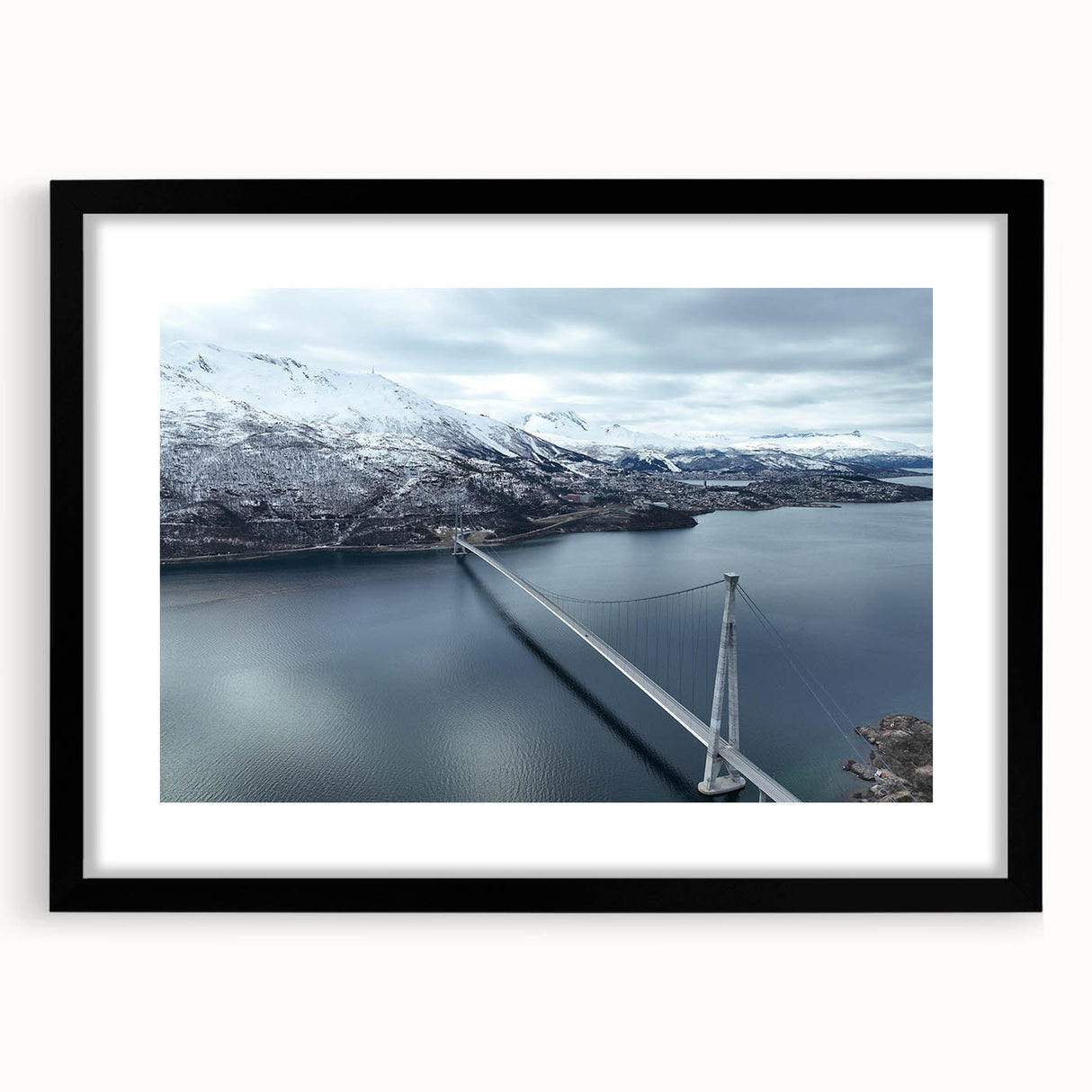 Framed wall art collection featuring a stunning landscape and bridge design, with a sleek black frame and white mat, perfect for modern decor and interior enhancement.