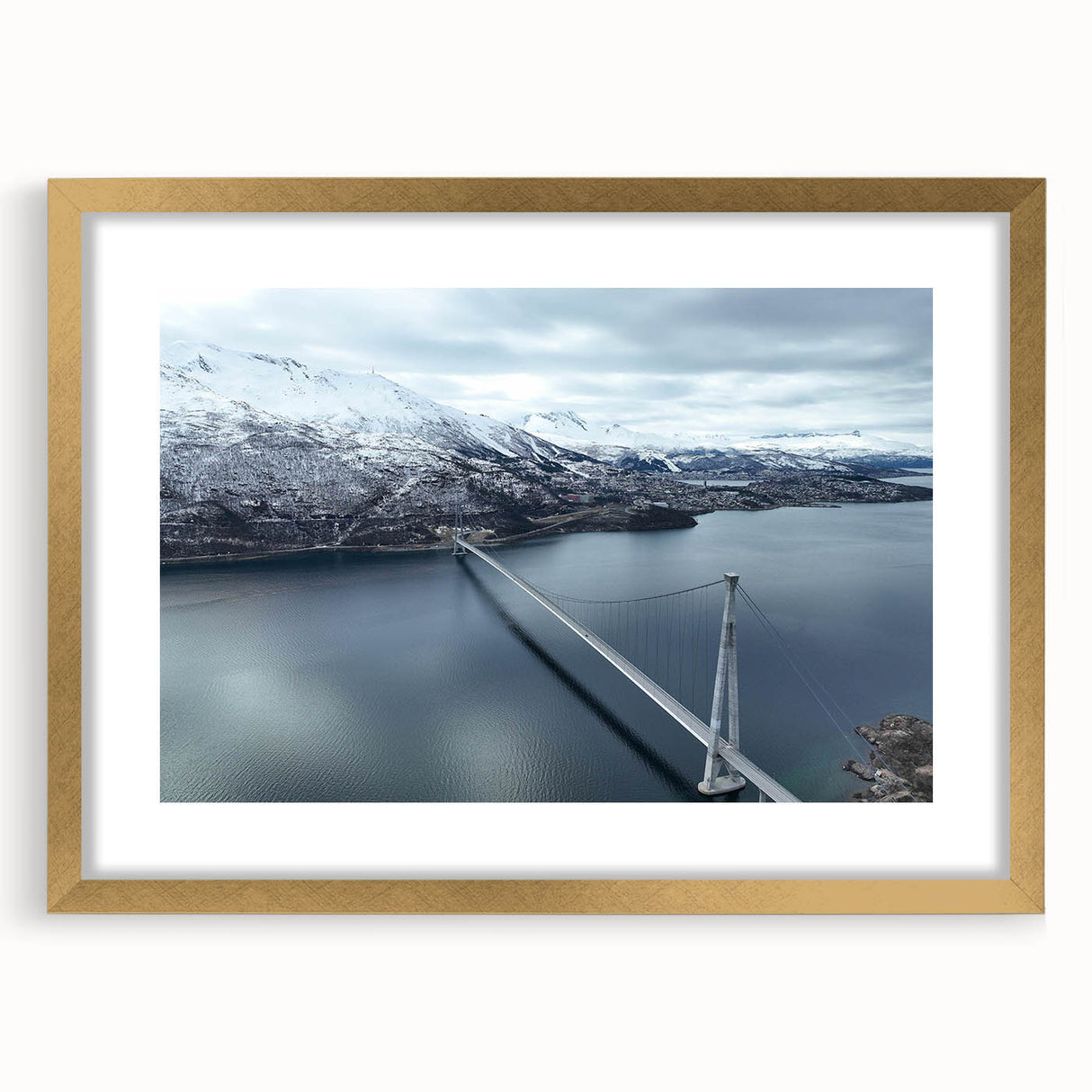 Elegant gold-framed wall art featuring a serene landscape with bridges, showcasing rich colors and intricate details, perfect for home decor enhancement.