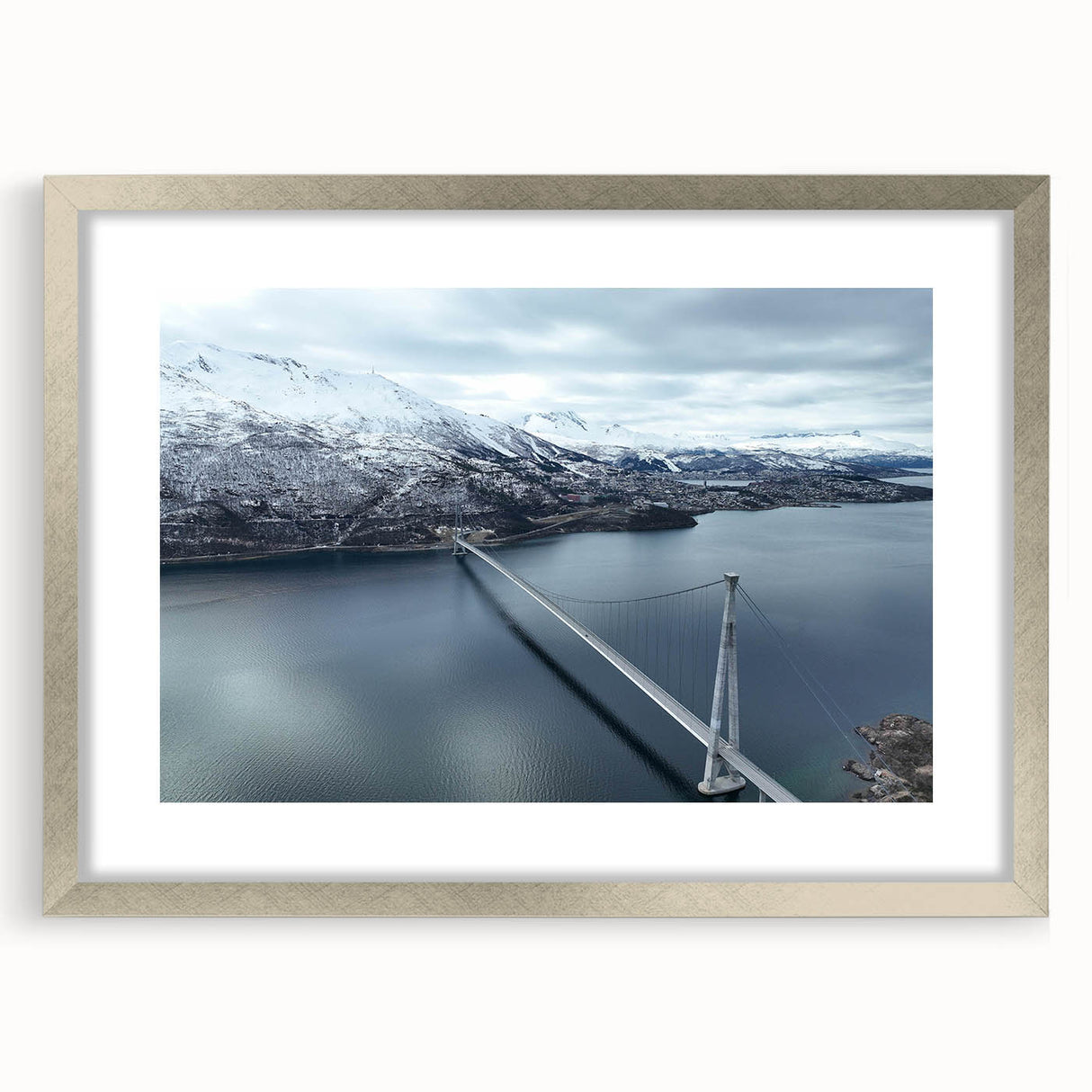 Framed wall art depicting a serene landscape bridge design, featuring a silver mat and modern frame, perfect for enhancing home decor with nature-inspired aesthetics.