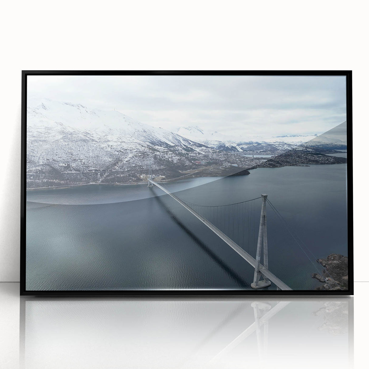 Framed acrylic wall art showcasing a stunning landscape bridge design with black borders, ideal for modern home decor and interior design enthusiasts.