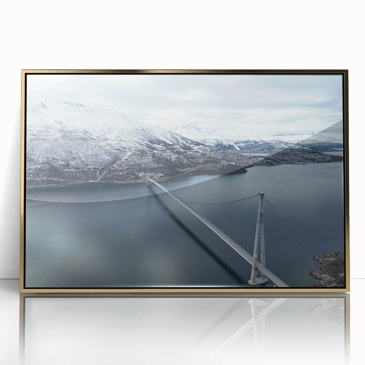 Framed wall art collection featuring a stunning landscape bridge design with a gold-accented frame, perfect for enhancing modern home decor. The acrylic surface highlights vibrant colors and intricate details, ideal for living rooms or offices.