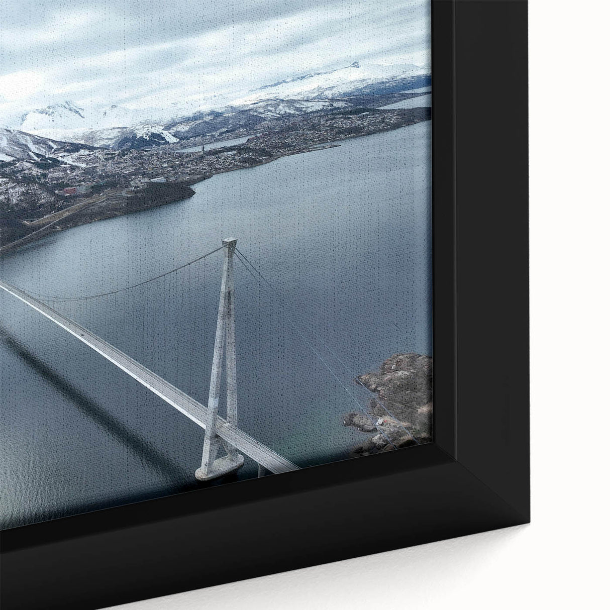 Framed canvas featuring a vibrant landscape and bridge design, showcasing intricate details and rich colors, perfect for enhancing home decor aesthetics.