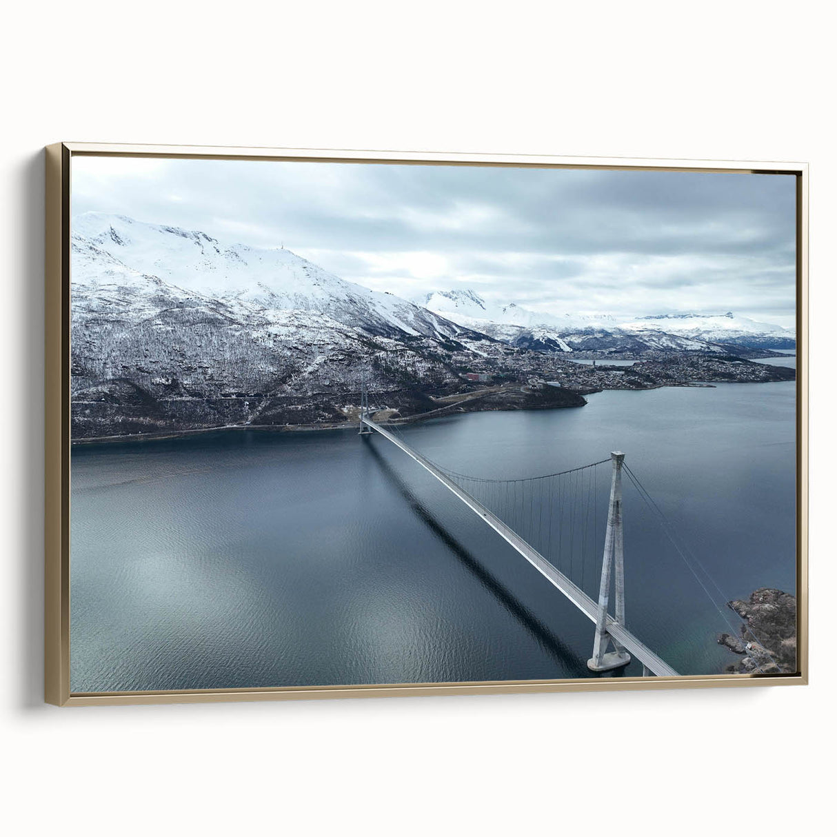 Framed canvas wall art featuring a stunning landscape design with a bridge, set against a gold background. Perfect for enhancing modern home decor with elegance.