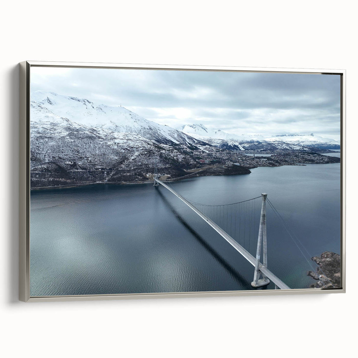 Framed canvas wall art featuring a stunning landscape with a bridge, showcasing silver accents and a modern design, perfect for enhancing home decor.