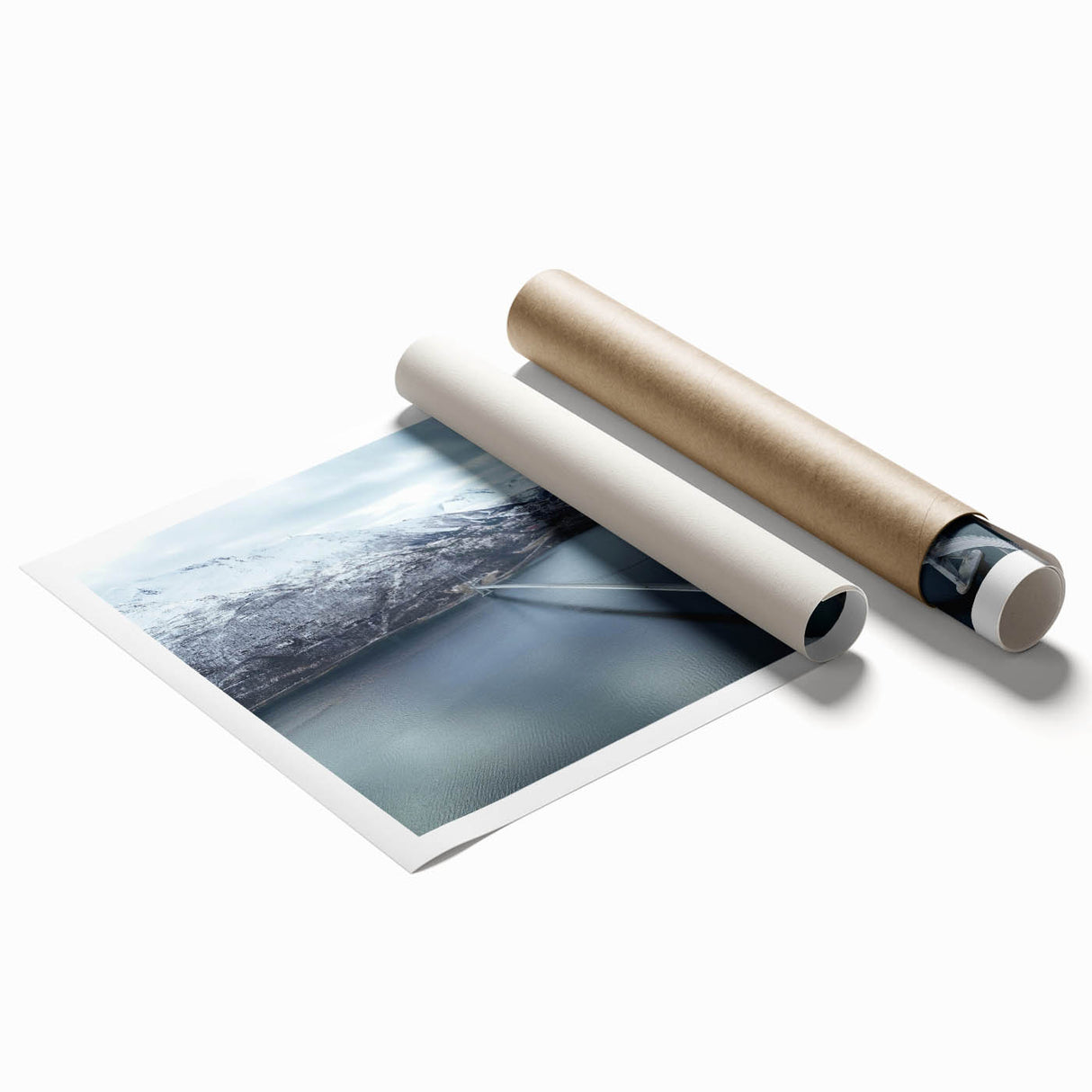 Rolled print showcasing a vibrant landscape bridge design with vivid colors, perfect for home decor, packaged securely in a protective tube for safe delivery.