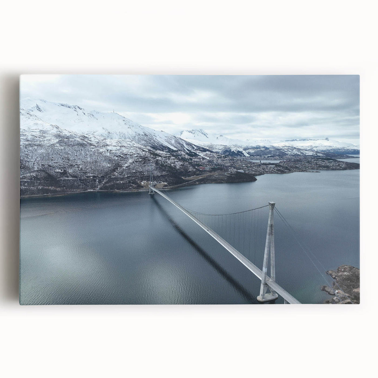 Stretched canvas wall art showcasing a vibrant landscape with a bridge, featuring rich colors and intricate details, perfect for home decor enhancement.