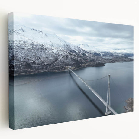 Stretched canvas wall art featuring a vibrant landscape design with a bridge over a serene waterway, showcasing rich colors and intricate details, ideal for home decor.
