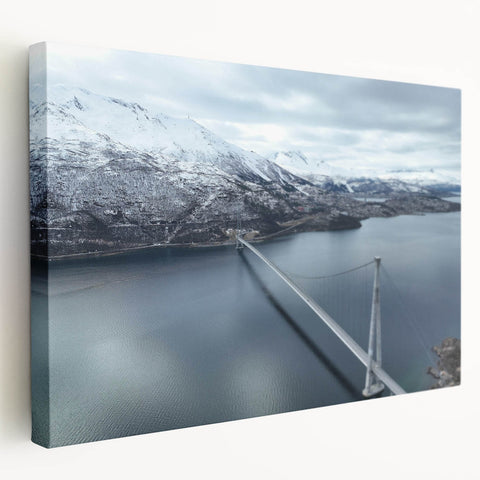 Stretched canvas wall art featuring a vibrant landscape design with a bridge over a serene waterway, showcasing rich colors and intricate details, ideal for home decor.