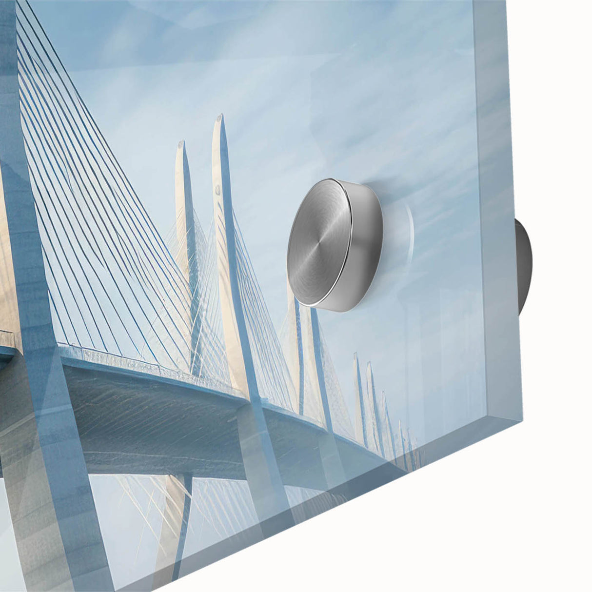 Close-up of a vibrant acrylic print showcasing a scenic landscape with a bridge, emphasizing colors and details, perfect for modern home decor.