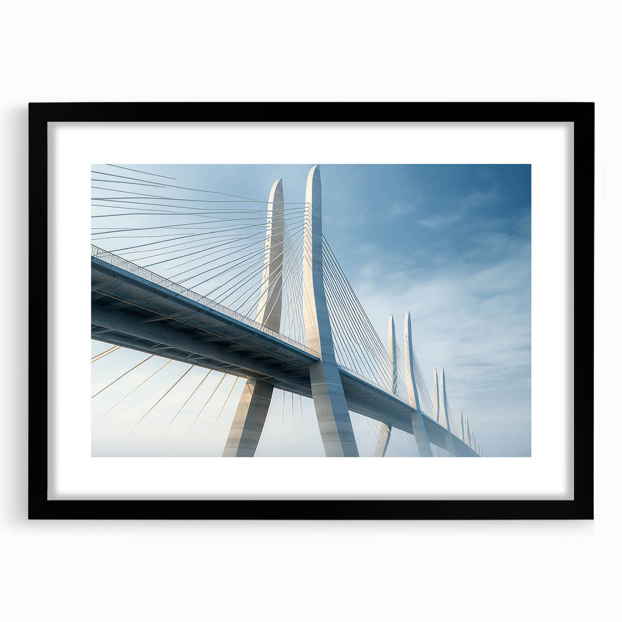 Elegant black-framed wall art showcasing a serene landscape with a bridge, designed to enhance modern home decor. Perfect for living rooms or offices.