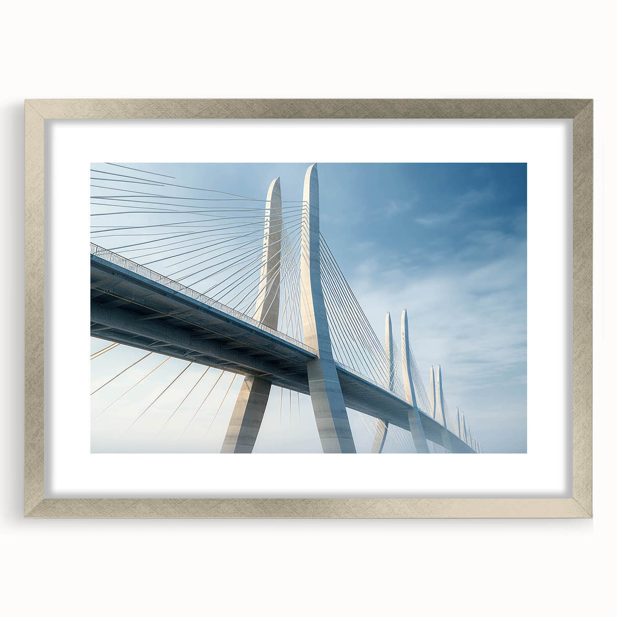 Framed wall art showcasing a serene landscape bridge design in silver frame with matting, perfect for enhancing home decor with elegance and tranquility.